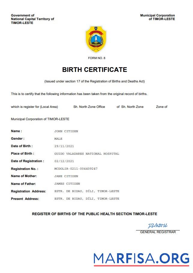 Realistic Timor Leste birth certificate Word and PDF template